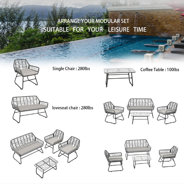 Outdoor Furniture 4 Piece wicker patio furniture set,glass table,With cushion,Suitable for patio, garden, balcony, etc.