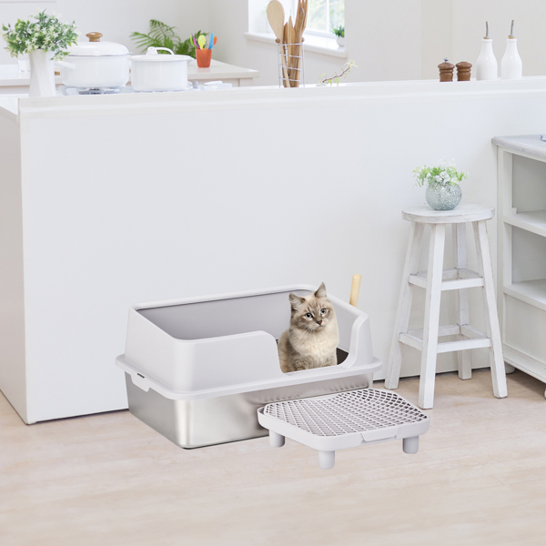 Stainless Steel Cat Litter Box with Lid, Extra Large Litter Pan with High Sides for Big Cats, Kitty Litter Box with Pedal Filter and Scoop, No Odor, Non-Sticky, Anti-Leakage, Easy Cleaning, Gray