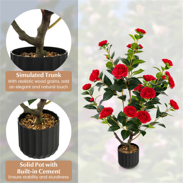 2 PCS 38 Inch Artificial Camellia Tree Faux Flower Plant in Cement 