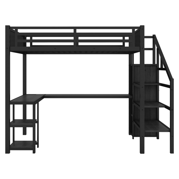 Metal Full Loft Bed with Wardrobe and LED Light, Full Size Loft Bed with L Shaped Desk and USB for Kids Teens Adults, Black