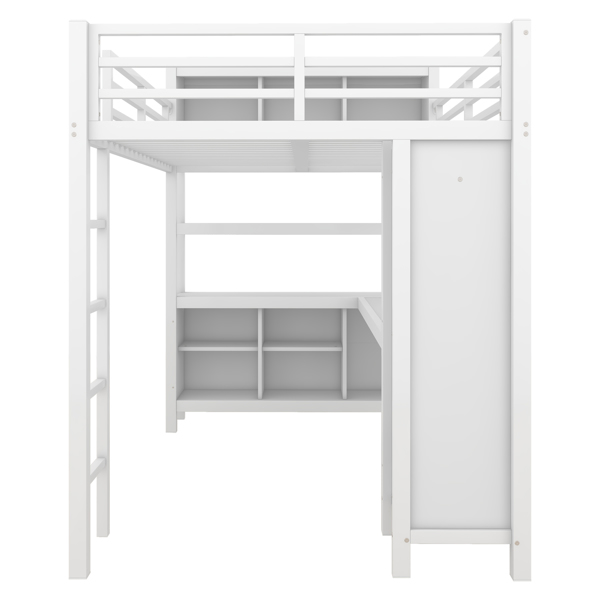 Metal Loft Bed with Wardrobe And L-shaped Desk, Full Size Loft Bed with Storage Cubes and Shelves, Heavy Duty Loft Bed for Kids Teens Adults, White