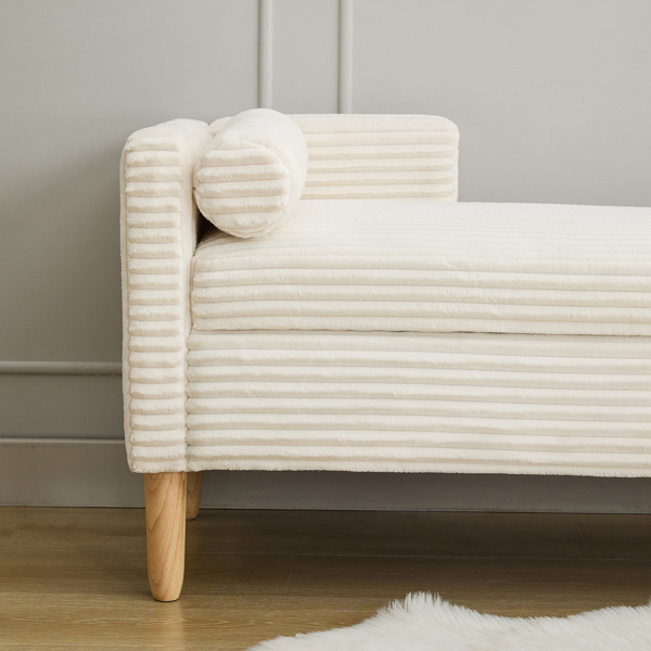 65.35"Wide Corduroy Storage Soft Bench with Armrests, Backrest and Two bolster Pillows for Living Room, Entryway and Bedroom. Ivory