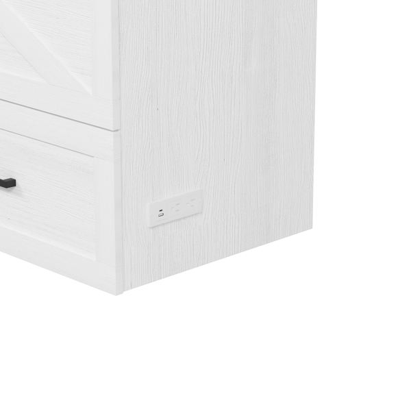 Full Size Farmhouse Murphy Cabinet Bed with Charging Station, Foldable Platform Bed with Large Storage Drawer for Guest-Room, Small Bedroom, White