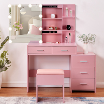 Pink Textured Particle Board with Melamine Laminate Five-Drawer Two-Shelf Sliding Door Mirror Cabinet Dressing Table Set with Three-Color Dimmable Bulb