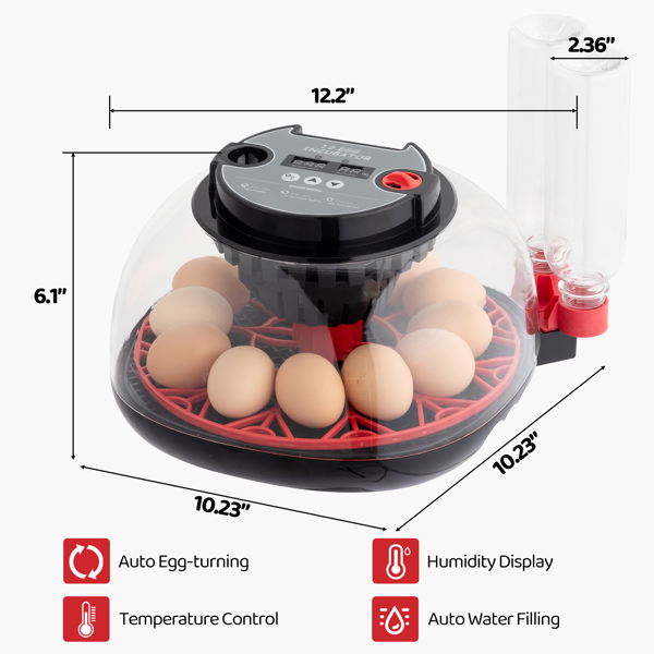 US 12 Egg Incubator with Automatic Egg Turning, Temperature and humidity Control,Auto Water Addition, LED Egg Candler, for Hatching Chickens,Ducks,Geese,Birds,pigeons and Quail Eggs