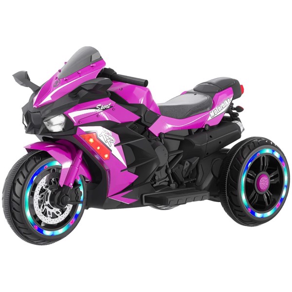 12V Electric Motorcycle for Kids, 3-Wheel Ride On Motorbike, Battery Powered Ride on Toy with LED Light Wheels, MP3, up to 110lbs, Purple，three wheels