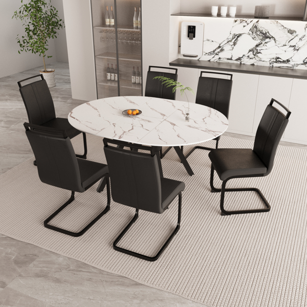 47-63" expandable circular dining table set for 4-6 people, equipped with 6 C-shaped tubular cushioned armless dining chair and an spacious dining table kitchen table and chair set, with metal legs 