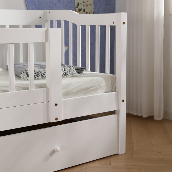 FCH Vertical Fence White Painted Pine Toddler Bed with Bottom Drawer and Side Car Bed