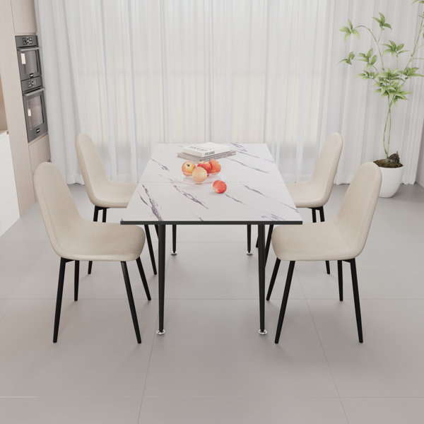 47"-63" extendable MDF modern dining table and chair set, suitable for 2-6 people, white dining table and modern beige round dining chair 4-piece set, metal base and linen chair 