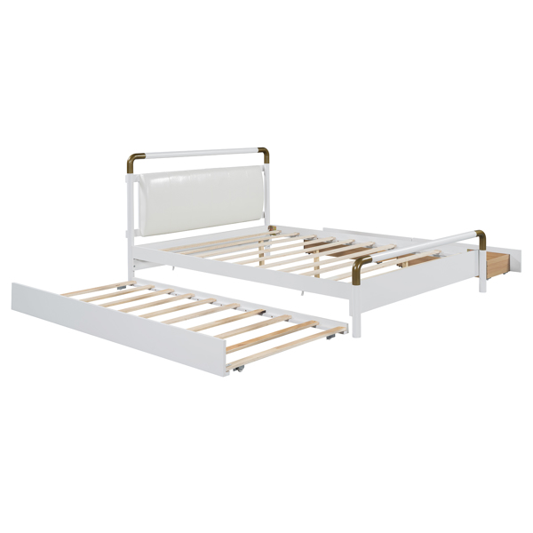 Queen Size Wooden Storage Platform Bed, with 2 Big Drawers, T-XL Size Trundle, White