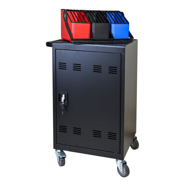 Tablet Laptop 32-bit-Plastic Device Basket Device for Mobile Charging Trolley- Includes Cable Management Dividers, Cable Clips, Storage Compartment, and Removable Doors (Black)