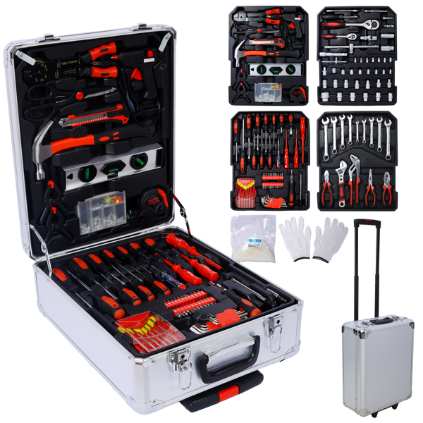 899pcs Home Repair Tool Set Kit for Men, Toolbox Storage Case with 4 Drawers, General Household Tool Kit with Rolling Tool Box, Tool Set Kit for Maintenance, Garden, Homeowner, Handyman ,silver case