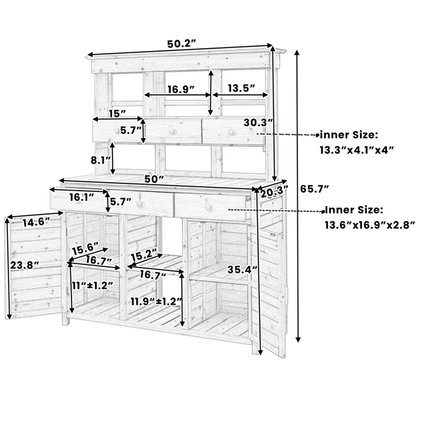 [Assembly Video Provided] 65.7'' H Tall Garden Potting Bench Table with Hutch,Patio Storage Workstation with 3 Shelves,6 Drawers,2 Bottom Cabinets&Side Hooks for Mudroom,Doorway, Natural