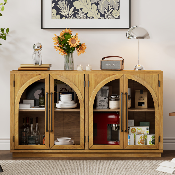 4-Door Large Storage Sideboard Buffet Cabinet with Glass Doors, Arched Cabinet with Adjustable Shelves for Kitchen, Dining Room and Living Room (Natural Wood)