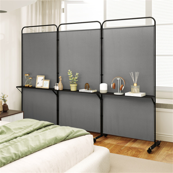 3-Panel Folding Divider with Lockable Wheels and 3 Metal Shelves Grey