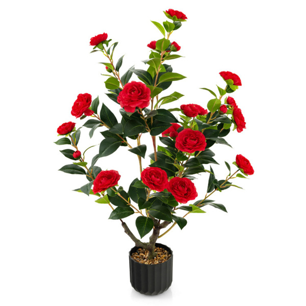 2 PCS 38 Inch Artificial Camellia Tree Faux Flower Plant in Cement 