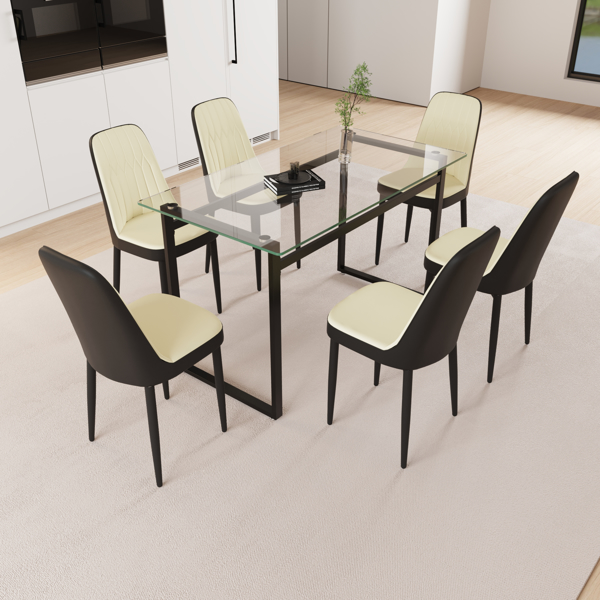 51" 6 person glass dining table set, kitchen set with black metal leg dining table and chairs, modern rectangular tempered glass tabletop and dining room thick cushioned PU dining chair 