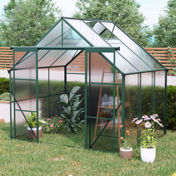 8X6FT-Green Double Door Polycarbonate Greenhouse Raised Base and Anchor Aluminum Heavy Duty Walk-in Greenhouses for Outdoor Backyard in All Season