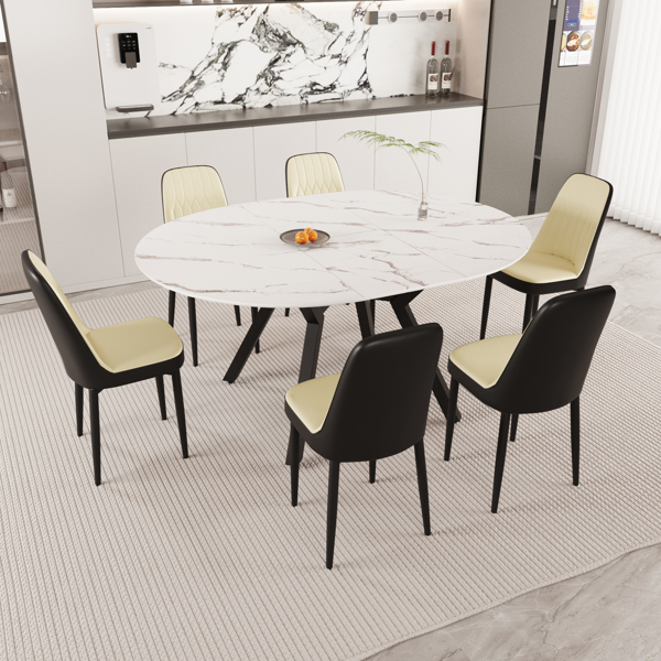 47-63" expandable circular dining tables , equipped with 6 PU fabric thick cushioned dining chairs and an elegant and spacious dining table, kitchen table and chair, with black metal legs 