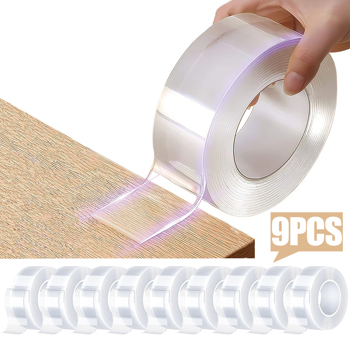 9pcs Strong Nano Double Sided Tape Heavy Duty, Clear Removable Double Sticky Stick Tape Adhesive Strips, Poster, Carpet, 1mm thick * 2cm wide * 3m long