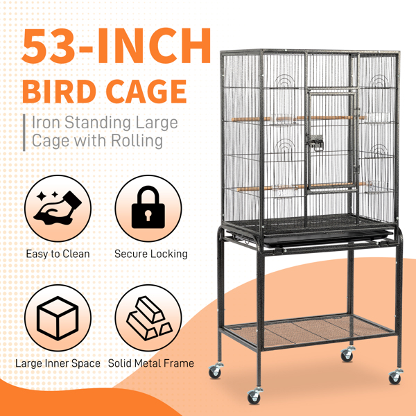 53" Large Flight Bird Cage with Rolling Stand & Storage Shelf for Parrots Lovebird Cockatiel Parakeets, Black