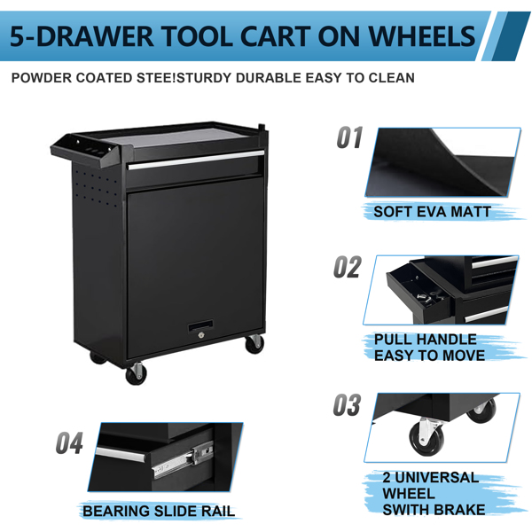 Tool Chest,5-Drawer Rolling Tool StorageCabinet with Enhanced Packaging, DetachableTop Tool Box, Metal Tool Cart for GarageWorkshop,Black