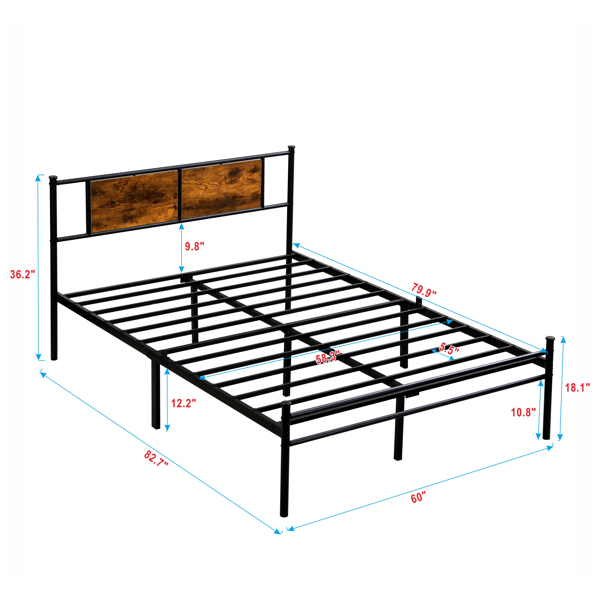 Queen Size metal bedframe,Headboard with wood panel decoration,black