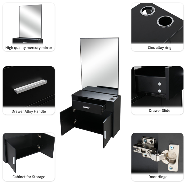 【same code：75512472】15% E0 chipboard linen top 1 drawer 1 door with mirror Salon cabinet black