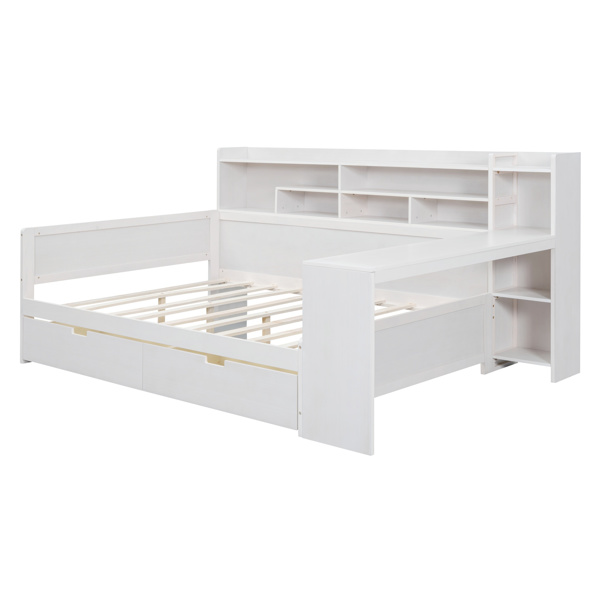 Wooden Full Size Daybed with Storage Shelves, Multi-functional Bed with Two Storage Drawers and  Study Desk, Antique White