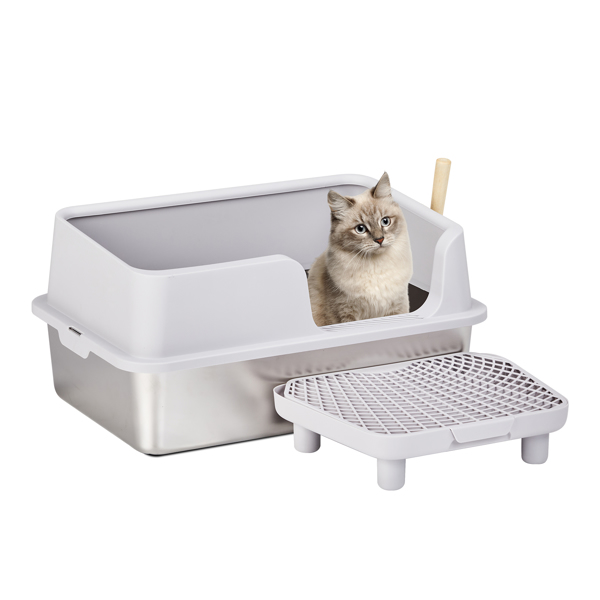 Stainless Steel Cat Litter Box with Lid, Extra Large Litter Pan with High Sides for Big Cats, Kitty Litter Box with Pedal Filter and Scoop, No Odor, Non-Sticky, Anti-Leakage, Easy Cleaning, Gray