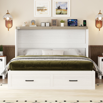 Queen Size Farmhouse Murphy Cabinet Bed with Charging Station, Foldable Platform Bed with Large Storage Drawer for Guest-Room, Small Bedroom, White