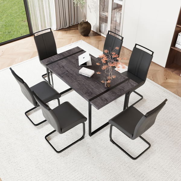 59 " Dining Table Rural Industrial Rectangular MDF Black Set and PU Armless Dining Chair Set, 6 pieces. Kitchen Black Metal Table Leg Dining Chair Set 