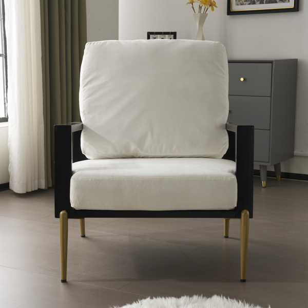 Modern Low Back White Upholstered Accent Armchair with Gold Metal Legs & Rubberwood Frame, Chic Wide Armrest Minimalist Lounge Chair with Pillow Back, Single Sofa Chair for Living Room&Balcony, White