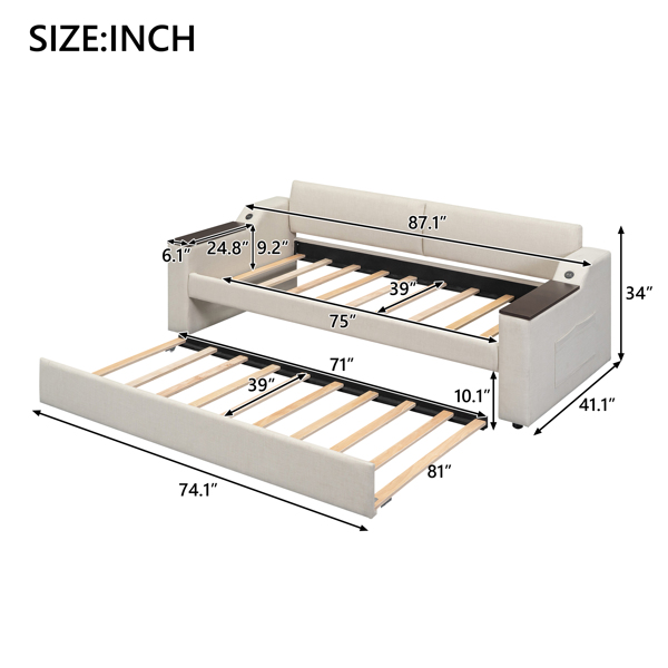 Twin Size Upholstery Daybed with Storage Arms, Trundle and USB Design, Beige(Old SKU:GX000547AAA)