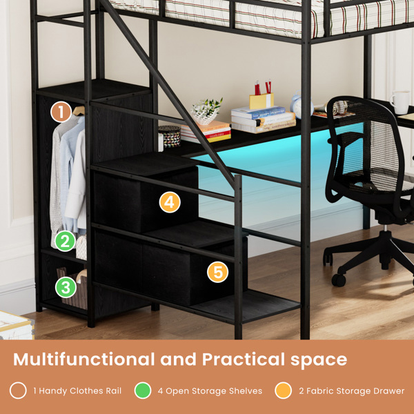 Full Size Metal Loft Bed with L-shaped Desk, LED Lights, Charging Cradle, LED Loft Bed Frame, Full Size Bed with One Cabinet Wardrobe and 2 Fabric Drawers, Safety Rails and Ladder, Black