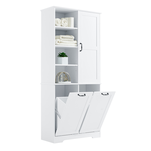 Bathroom Storage Cabinet with Doors and Drawers, Tilt-Out Laundry Hamper, Multiple Storage Space, Freestanding Style, Open Shelve, Adjustable Shelf, White