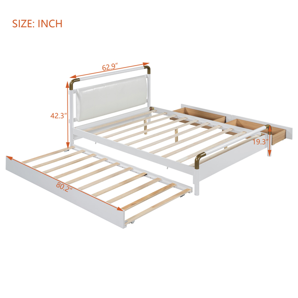 Queen Size Wooden Storage Platform Bed, with 2 Big Drawers, T-XL Size Trundle, White