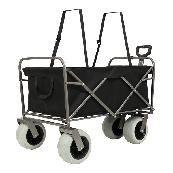 Beach Wagon with Big Wheels for Sand 500lbs capacity - All Terrain Steel Frame Utility Cart with 9" Pneumatic Tires, Collapsible Folding Design ,strap with multiuse bag ,black