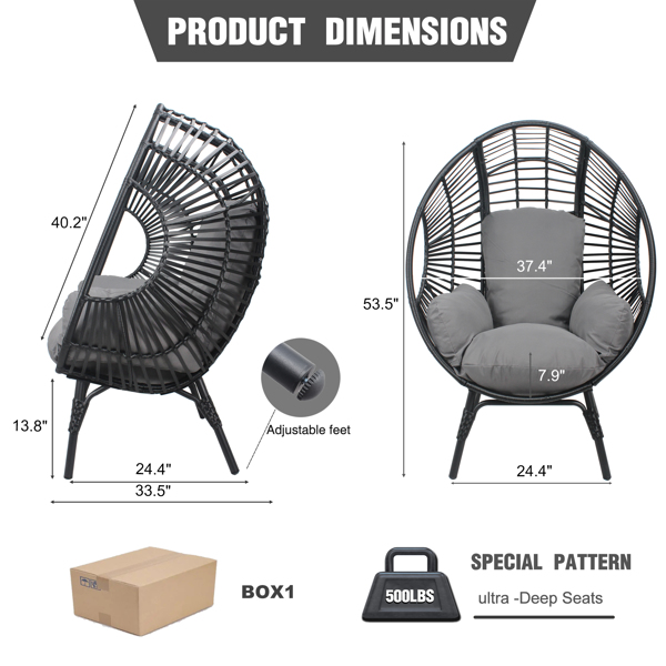 New Style PE Wicker Weaving Patio Egg Chair with Black Color Rattan Grey Cushion