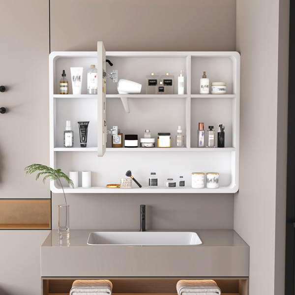 铝制药柜镜，35 x 28 英寸药柜，带 3 种颜色的 LED 灯和除雾功能，浴室镜柜，带化妆品收纳架和吹风机支架，白色-3