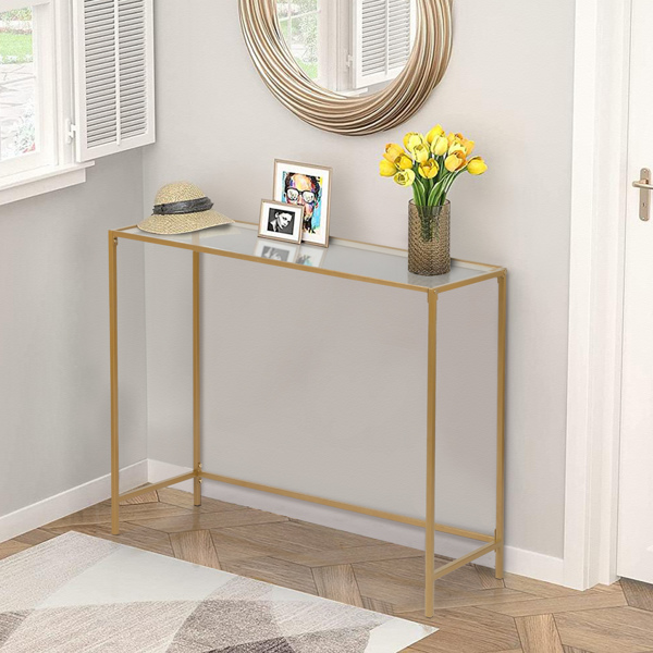 【Same model code: ：51028186】39.4" Console Sofa Table, Modern Entryway Table, Tempered Glass Table, Metal Frame,  for Living Room, Hallway, Gold Color