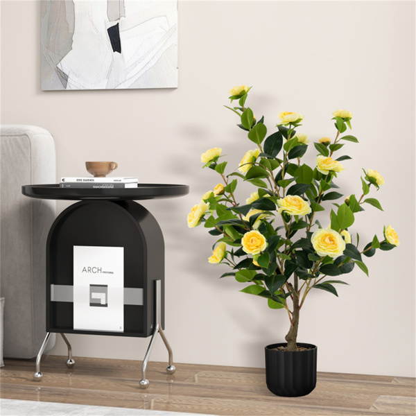 2 PCS 38 Inch Artificial Camellia Tree Faux Flower Plant in Cement Yellow