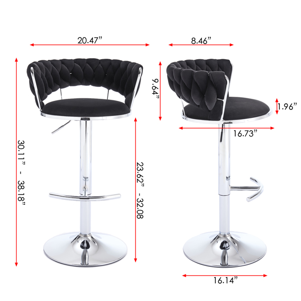 Set of 2 Bar Stools,with Chrome Footrest and Base Swivel Height Adjustable Mechanical Lifting Velvet + Chrome  Leg Simple Bar Stool-BLACK