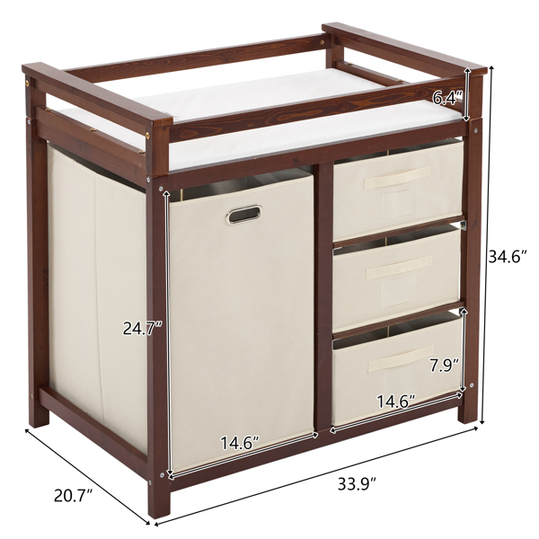 FCH Wooden Frame Removable Top Brown Painted Pine Children's Cot with 3 Fabric Drawers + 1 Fabric Bag