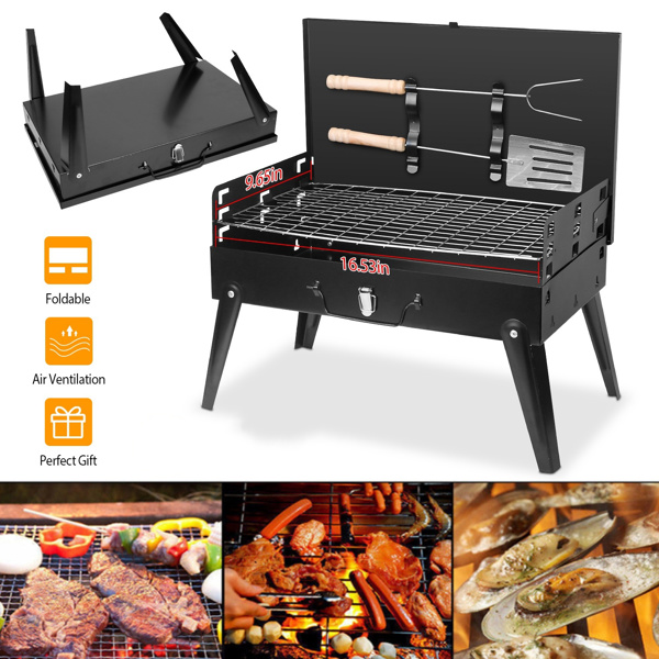 16.7x10x17.7in Portable Charcoal Grill Foldable BBQ Suitcase Grill Shelf For Outdoor Camping Picnics Garden Grilling