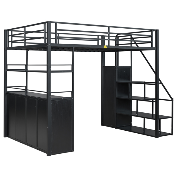 Full Size Metal Loft Bed with Storage Staircase and Wardrobe,Shelves and Lockers,Black