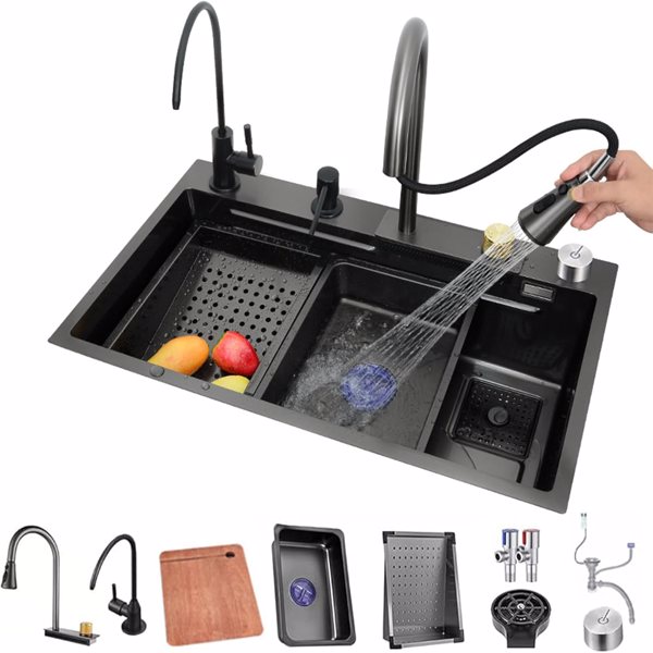 31.5IN Single Bowl Waterfall Kitchen Sink, Stainless Steel Bar Sink with Cup Washer Sinks, Drop-In/on the stage Farmhouse Black Workstation Sink