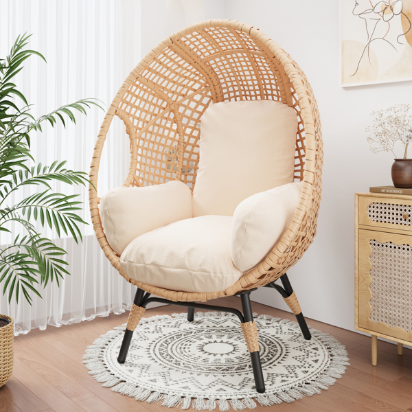 New Grid Style  PE Wicker Weaving Patio Egg Chair with Natural Color Rattan Beige Cushion and Table