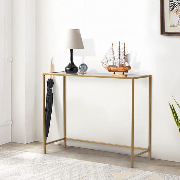 【Same model code: ：51028186】39.4" Console Sofa Table, Modern Entryway Table, Tempered Glass Table, Metal Frame,  for Living Room, Hallway, Gold Color