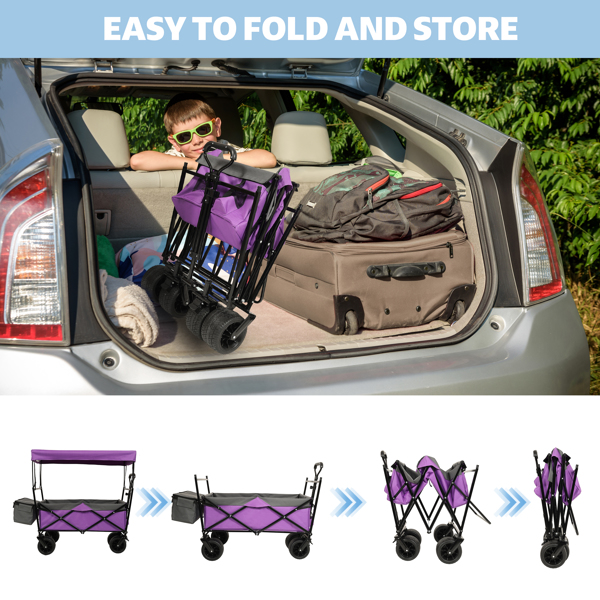 480Lbs Collapsible Wagon with Canopy,Wagon Stroller with 7" All-Terrain Wheels, Lightweight Foldable Wagon, Large Capacity for Camping, Shopping, Sports, and Garden Use,,purple with mosquito net